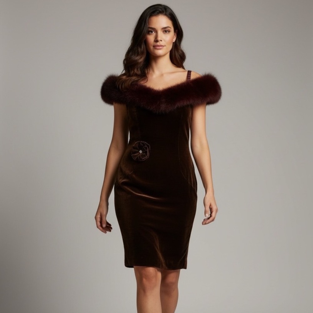Victor Costa Vintage Brown Velvet Norwegian Fox Fur Trim Cocktail Dress 9774-1